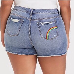 Torrid Midi Jean Short Distressed Denim Embroidered Rainbow Pride Blue 16